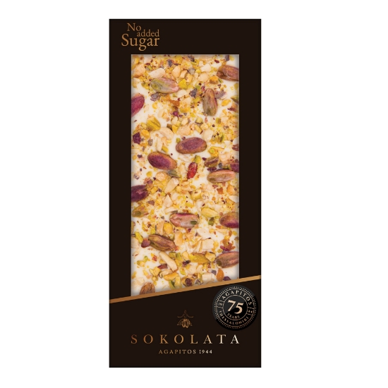 White Chocolate Bar and Pistachios No-added sugar , Sokolata Agapitos, 100 g