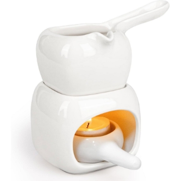 Duftlampe aus Keramik mit Teelichthalter – Aromatherapie-Diffusor für Zuhause | Handgefertigte weiße Duftlampe mit zweigeteiltem Design, verlängertem Griff und vergrößerter Wachsschale