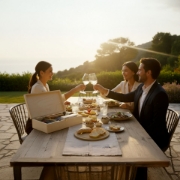 Outdoor Mediterranean dining scene with friends toasting wine and enjoying a Greek food gift box with luxury wooden packaging