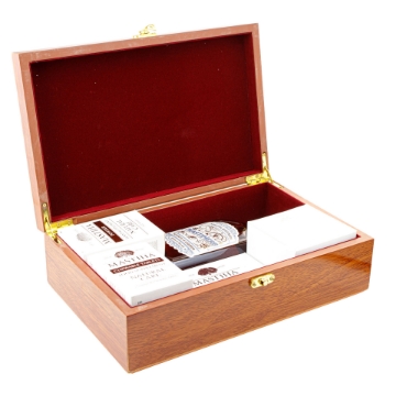 Elenianna Chios Mastiha Luxury Gift Box Open with Products Inside Open luxury wooden gift box for Chios mastiha products showing natural powder, chewable tablets, and mastiha liqueur from Elenianna. Ideal for digestive health and gourmet gifting