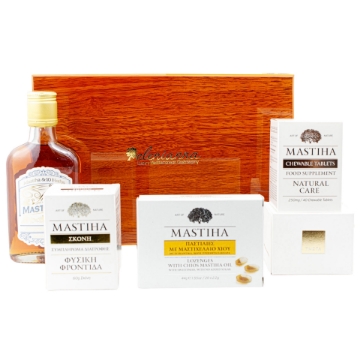 Chios Mastiha Wellness Box Products Layout with Mastiha Liqueur and Supplements Elenianna Chios mastiha luxury wooden box and its contents: mastiha powder, chewable tablets, lozenges, honey, and herbal mastiha liqueur. Authentic Greek wellness gift.