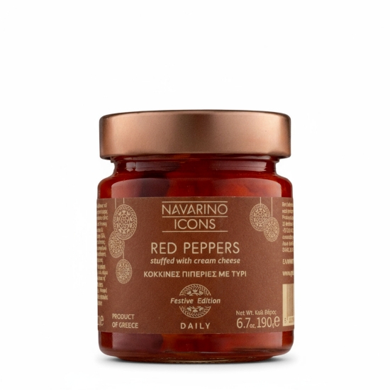 Jar of Navarino Icons Red Peppers stuffed with cream cheese, 190g, showcasing the "Festive Edition" label, Product of Greece