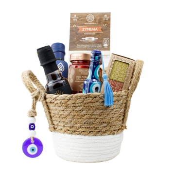 Griechischer Luxus-Geschenkkorb – Gourmet-Lebensmittel & Nazar-Amulett | Bio-Honig, Ouzo, kretische Pasta & individuelles Band | Firmen- & Weihnachtsgeschenkkorb