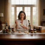 Lifestyle shot of woman enjoying Navarino Icons preserves with luxury gift hamper on table.