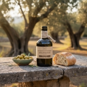 Premium Navarino Icons Greek olive oil bottle on a stone table in a sun-drenched olive grove with fresh olives and sourdough bread.