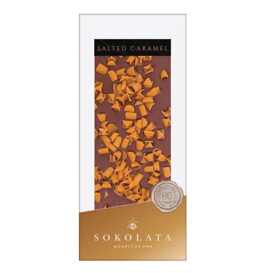 Experience the perfect balance of Sokolata Agapitos Salted Caramel Milk Chocolate.