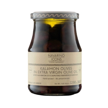 Navarino Icons Kalamon-Oliven in nativem Olivenöl extra, 360 g | Handverlesene Oliven vom Peloponnes, vegane und glutenfreie Gourmet-Vorspeise