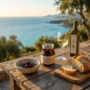 Authentic Mediterranean appetizer spread with Navarino Icons Kalamon olives, Greek extra virgin olive oil, and fresh bread on a rustic table overlooking the Ionian Sea.