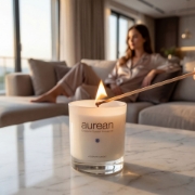 Aurean scented candle being lit in luxury living room, cozy premium home ambiance with modern interior