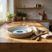 Artisan handcrafted ceramic bowl on a wooden kitchen counter featuring organic Greek pottery design.
