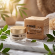 Mastic Spa Metamorfosis rejuvenating cream set on a marble surface with green leaves highlighting its biological botanical ingredients.