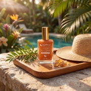 Shimmering body oil by Mastic Spa on a wooden tray with a sun hat and tropical poolside background.
