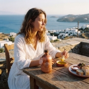 A woman in a white dress dipping bread into Nafsika Premium Extra Virgin Olive Oil at a table overlooking a Mediterranean coastal village and the sea.