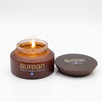 Aurean Gold Kirschblüten-Olivenwachskerze – Mattiertes Bernsteinglas, 200 g | Vegan, handgegossen in Griechenland mit Bambusdeckel