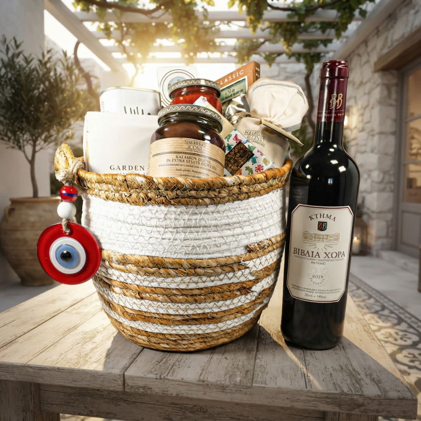 Die Kunst des Schenkens: Gestalten Sie ein Luxus-Geschenkset mit dem Traditioneller Greece Memories Wicker Geschenkkorb
