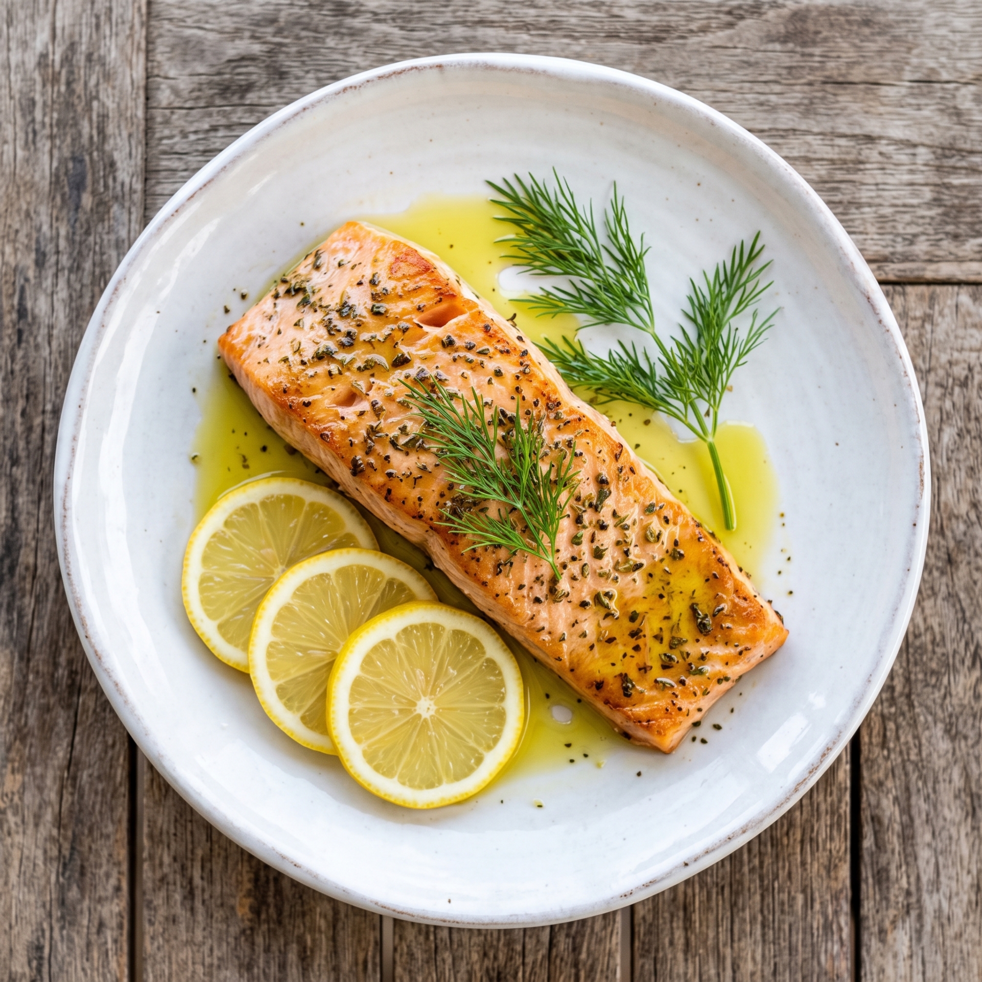Kretischer Zitrus-Kräuter-Lachs mit hochphenolischem Olivenöl finished dish serving suggestion