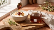 Theta Greek Pine Honey Infused with Mountain Tea Essence on a clean ecommerce background