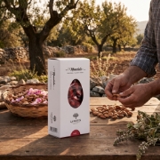 Lazaris Mandola Rose – Greek Caramelized Almonds, 200g on a clean ecommerce background