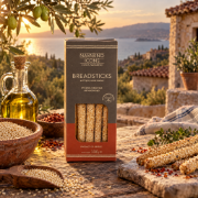 Navarino Icons Spicy Bukovo Sourdough Breadsticks with Sesame, 130g on a clean ecommerce background