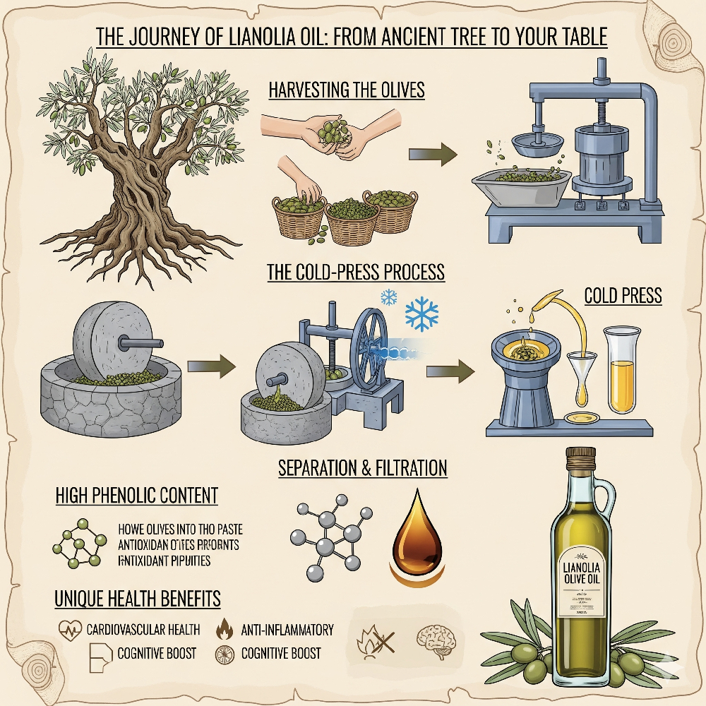 Infografik: Der Weg des Lianolia-Olivenöls vom Baum bis in die Flasche. Ernte, Kaltpressung, Trennung, hoher Phenolgehalt und gesundheitliche Vorteile werden dargestellt.
